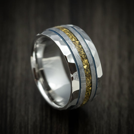 Southern Cross XVII - Cobalt Men's Wedding Ring with Gibeon Meteorite and Gold Nugget Inlays Band - Nura Lab