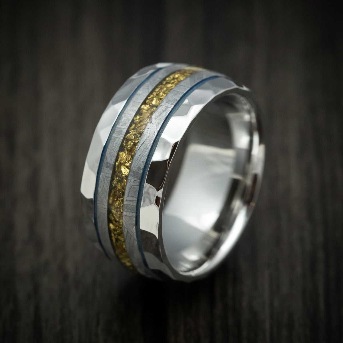 Southern Cross XVII - Cobalt Men's Wedding Ring with Gibeon Meteorite and Gold Nugget Inlays Band - view 4 - Nura Lab
