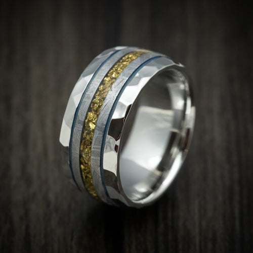 Southern Cross XVII - Cobalt Men's Wedding Ring with Gibeon Meteorite and Gold Nugget Inlays Band - view 4 - Nura Lab