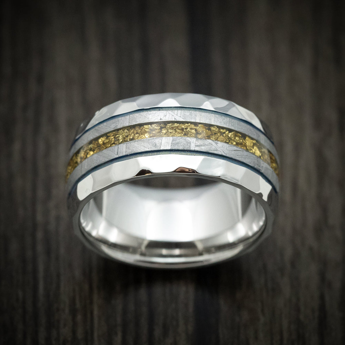 Southern Cross XVII - Cobalt Men's Wedding Ring with Gibeon Meteorite and Gold Nugget Inlays Band - view 2 - Nura Lab
