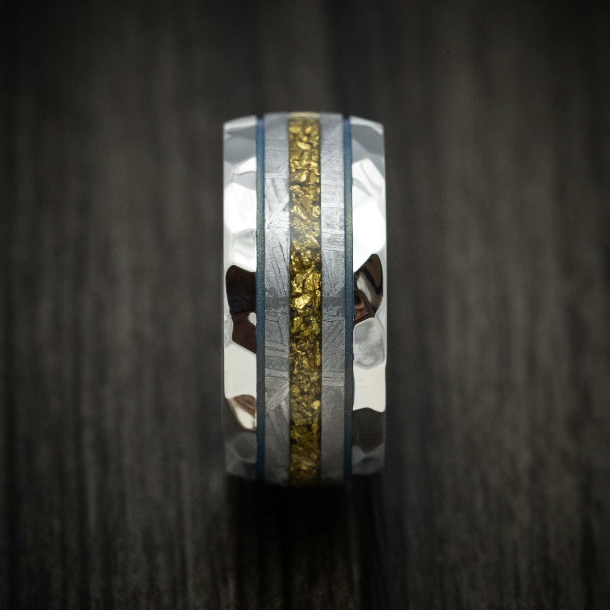 Southern Cross XVII - Cobalt Men's Wedding Ring with Gibeon Meteorite and Gold Nugget Inlays Band - view 3 - Nura Lab