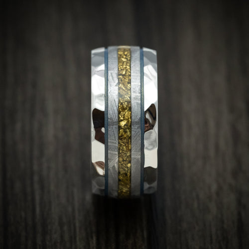 Southern Cross XVII - Cobalt Men's Wedding Ring with Gibeon Meteorite and Gold Nugget Inlays Band - view 3 - Nura Lab