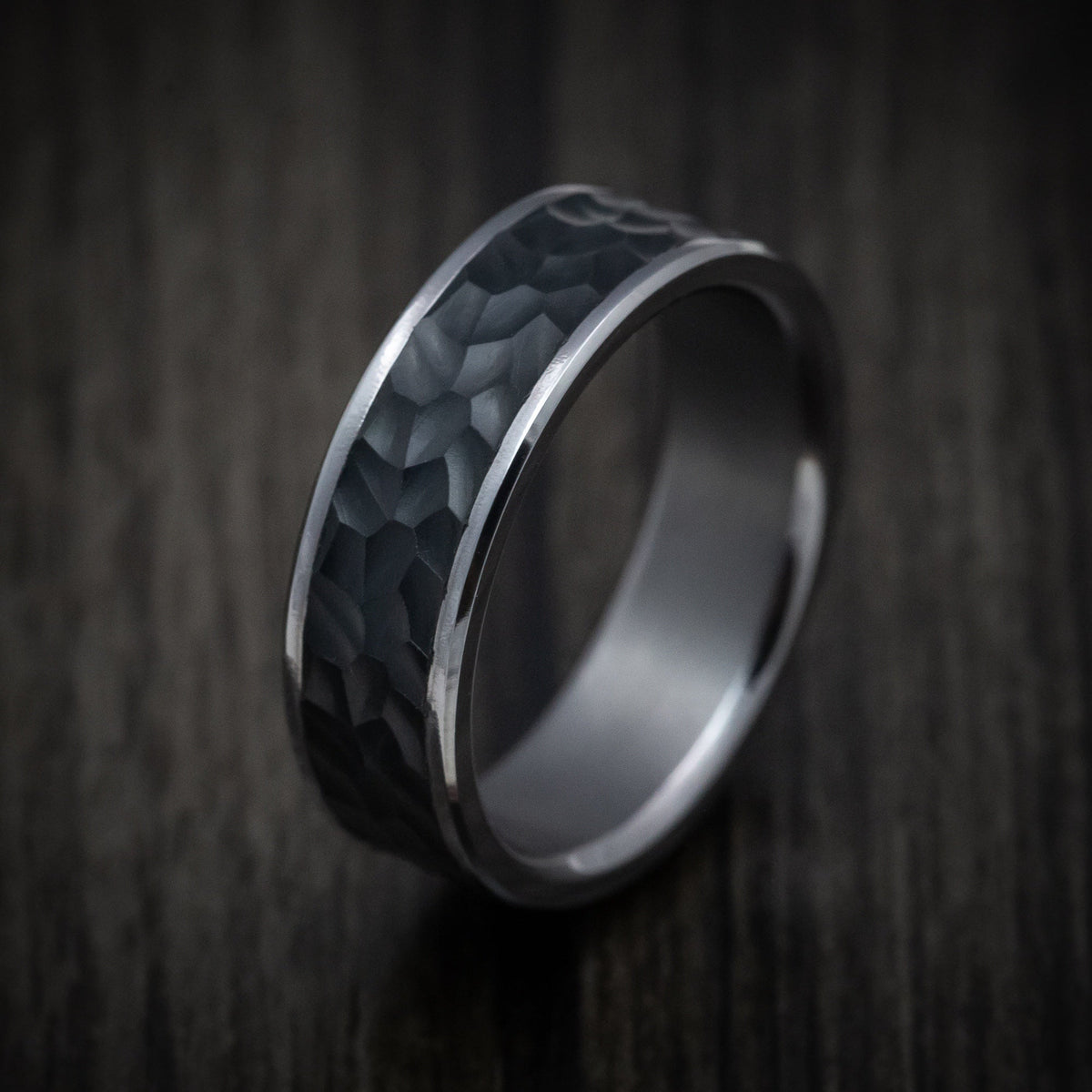 Fiord XIII - Tantalum Band with Hammered Carbon Fiber Inlay Men's Wedding Ring - view 4 - Nura Lab