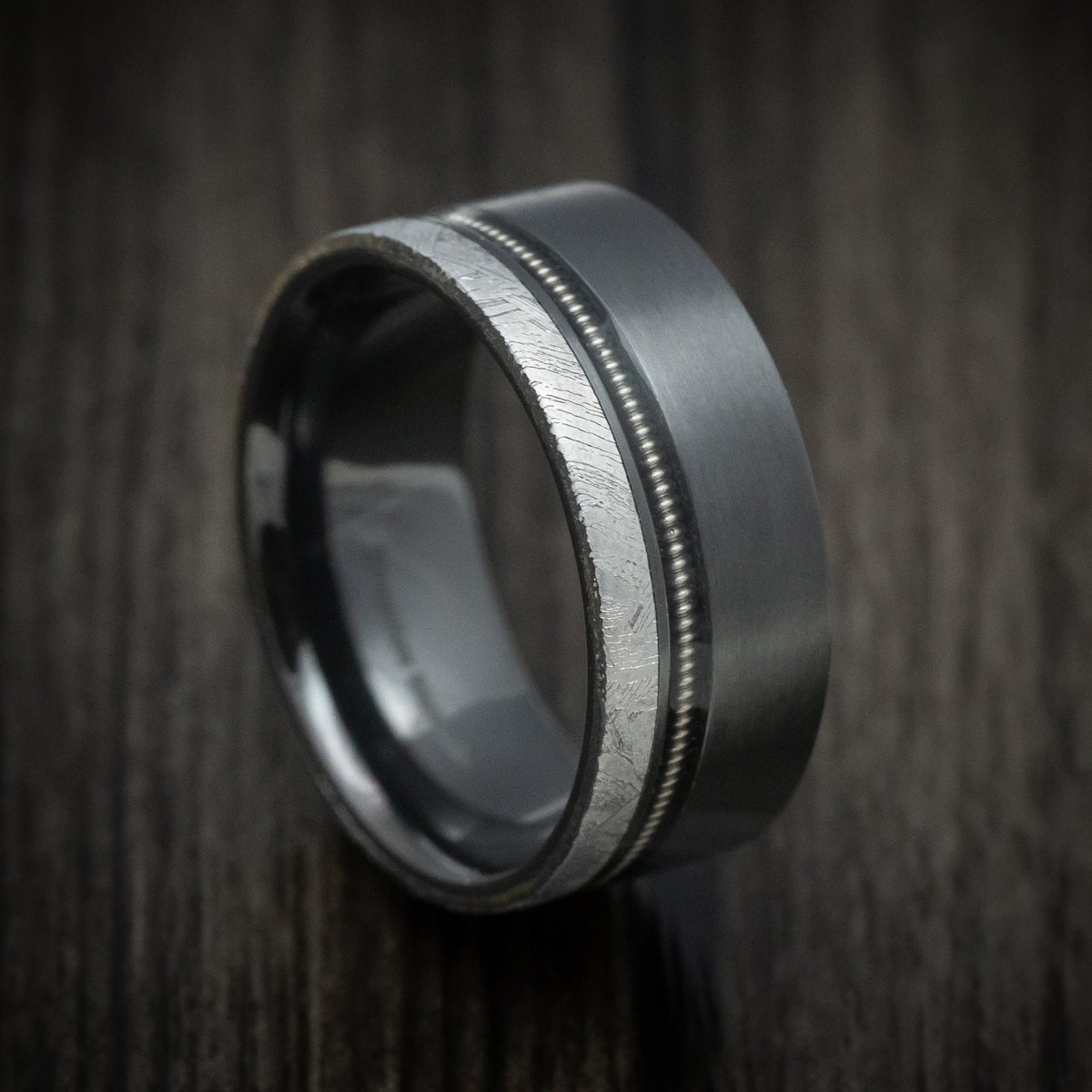 Midnight XVII - Black Zirconium Guitar String Men's Wedding Ring with Gibeon Meteorite Inlay Band - Nura Lab