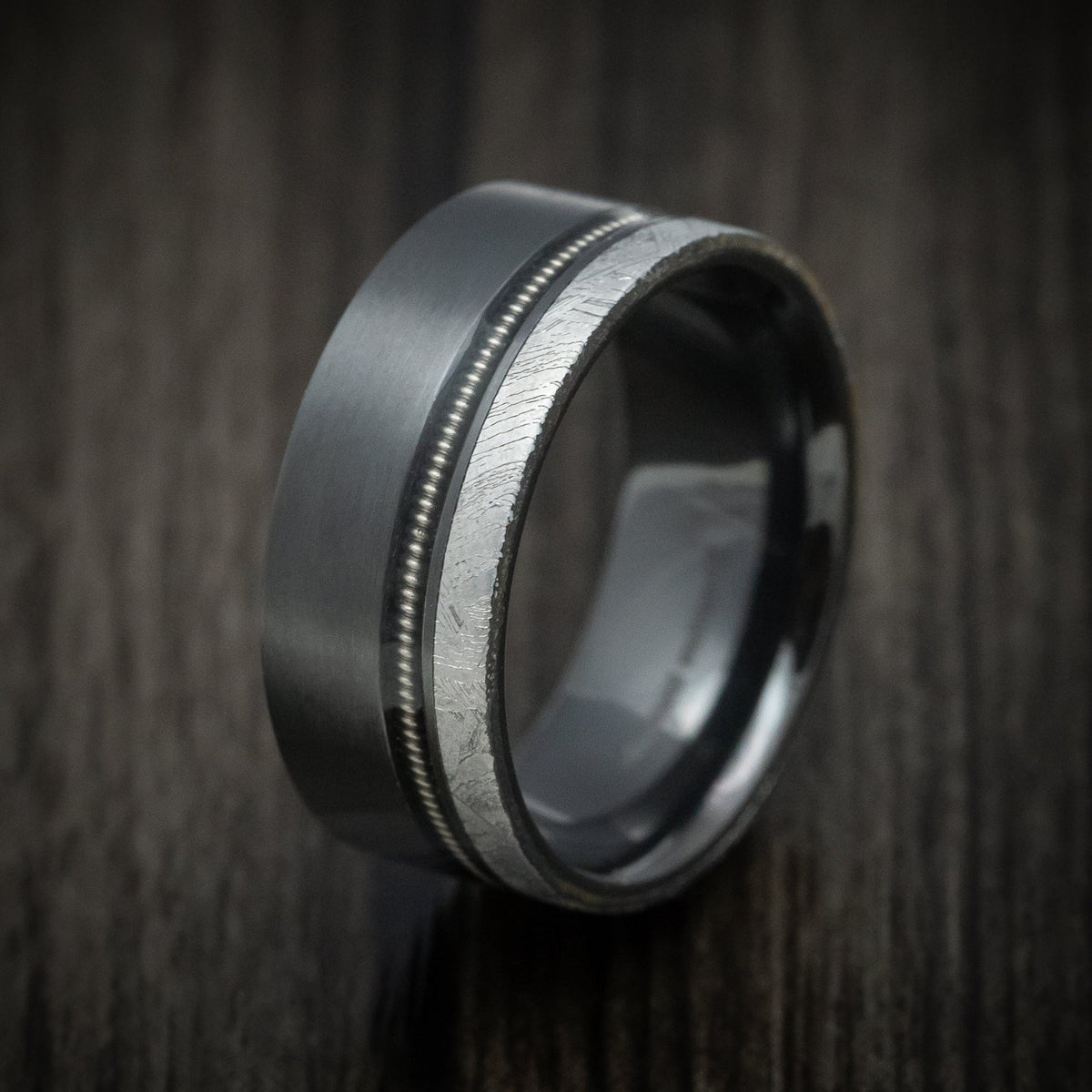 Midnight XVII - Black Zirconium Guitar String Men's Wedding Ring with Gibeon Meteorite Inlay Band - view 4 - Nura Lab