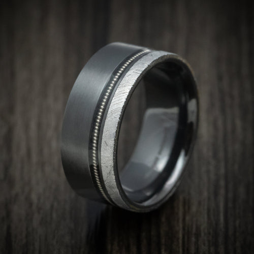 Midnight XVII - Black Zirconium Guitar String Men's Wedding Ring with Gibeon Meteorite Inlay Band - view 4 - Nura Lab