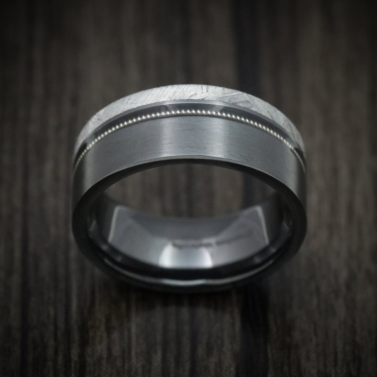 Midnight XVII - Black Zirconium Guitar String Men's Wedding Ring with Gibeon Meteorite Inlay Band - view 2 - Nura Lab