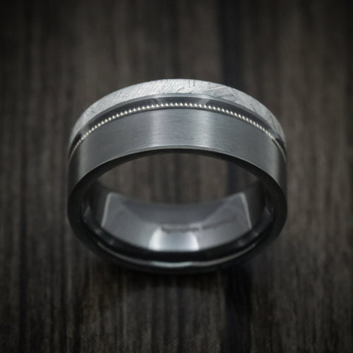 Midnight XVII - Black Zirconium Guitar String Men's Wedding Ring with Gibeon Meteorite Inlay Band - view 2 - Nura Lab