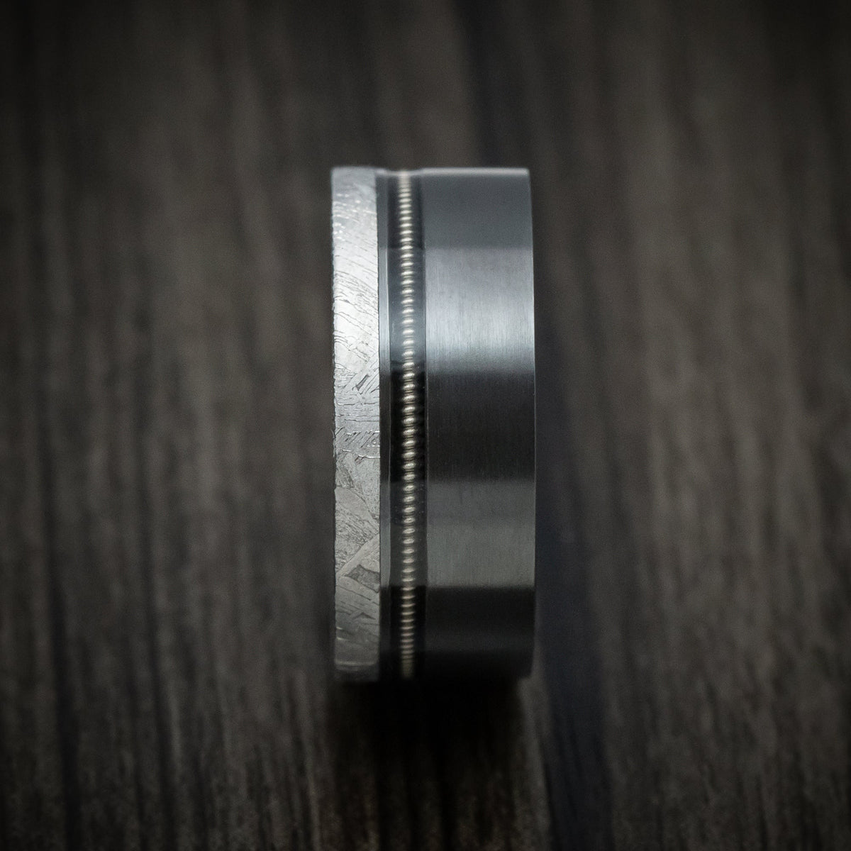 Midnight XVII - Black Zirconium Guitar String Men's Wedding Ring with Gibeon Meteorite Inlay Band - view 3 - Nura Lab