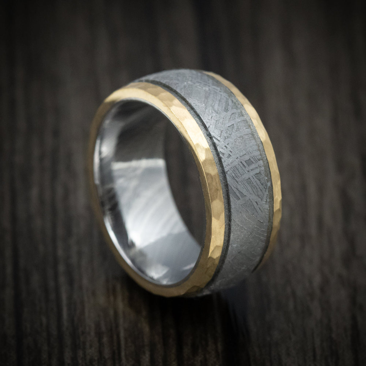 Griffin XI - 14K Gold and Gibeon Meteorite Men's Wedding Ring with Damascus Steel Sleeve and Cerakote Grooves - Nura Lab