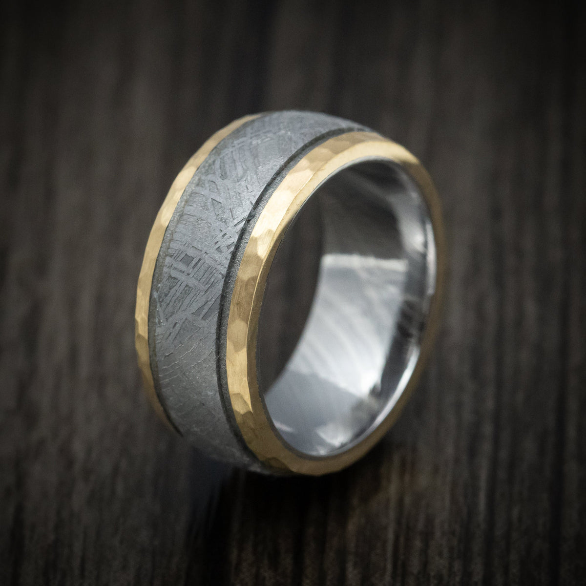 Griffin XI - 14K Gold and Gibeon Meteorite Men's Wedding Ring with Damascus Steel Sleeve and Cerakote Grooves - view 4 - Nura Lab