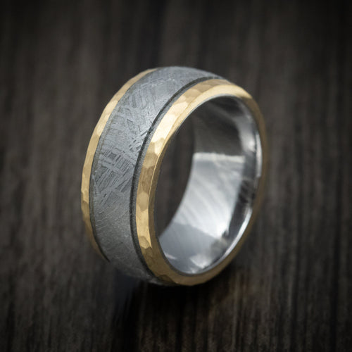 Griffin XI - 14K Gold and Gibeon Meteorite Men's Wedding Ring with Damascus Steel Sleeve and Cerakote Grooves - view 4 - Nura Lab