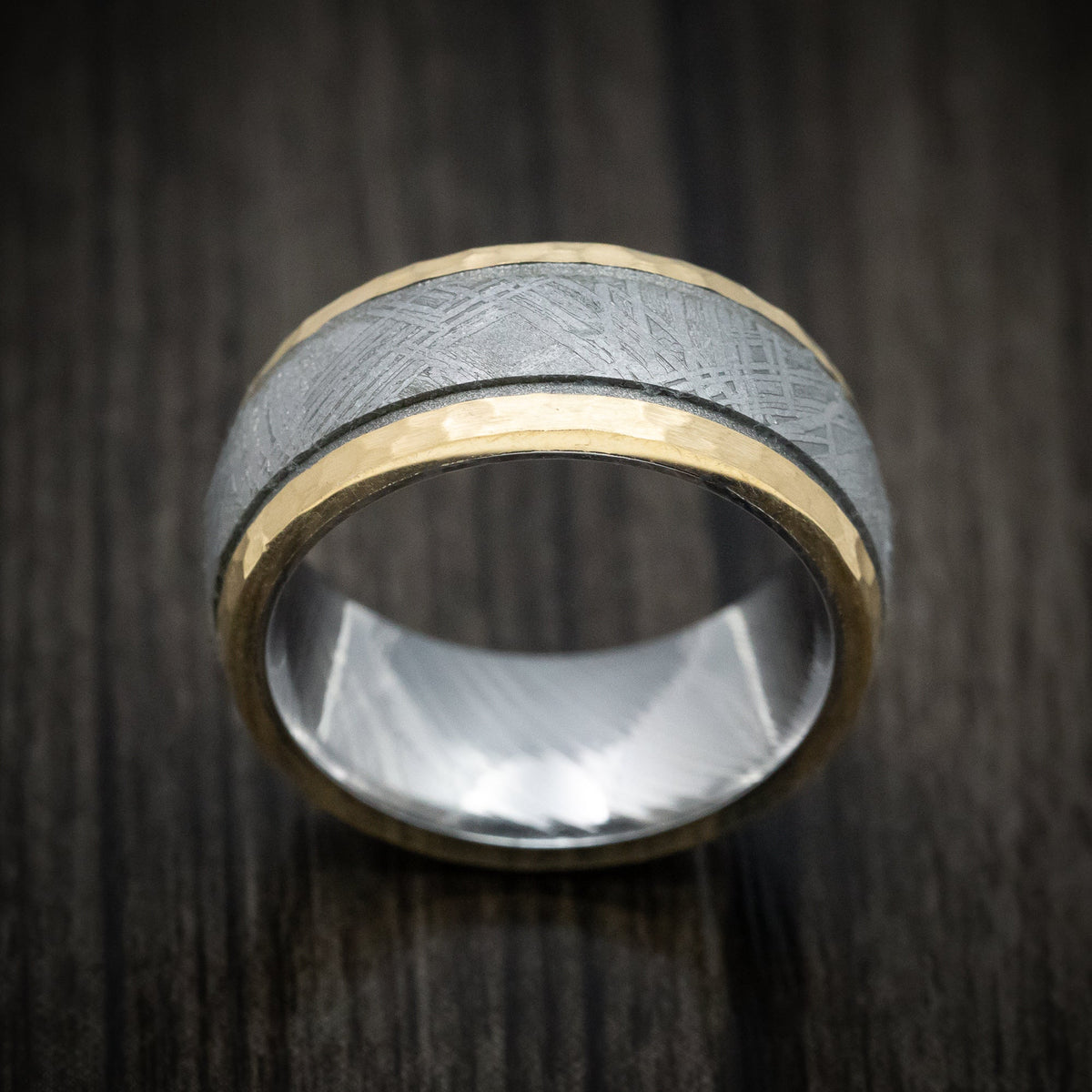 Griffin XI - 14K Gold and Gibeon Meteorite Men's Wedding Ring with Damascus Steel Sleeve and Cerakote Grooves - view 2 - Nura Lab