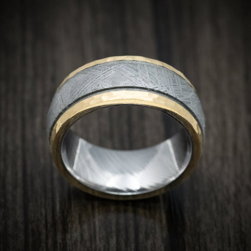 Griffin XI - 14K Gold and Gibeon Meteorite Men's Wedding Ring with Damascus Steel Sleeve and Cerakote Grooves - view 2 - Nura Lab