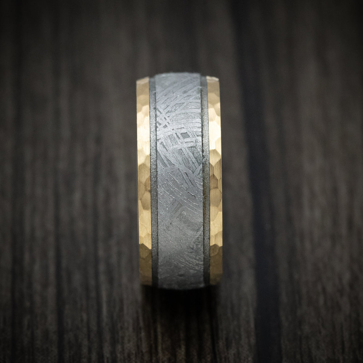 Griffin XI - 14K Gold and Gibeon Meteorite Men's Wedding Ring with Damascus Steel Sleeve and Cerakote Grooves - view 3 - Nura Lab