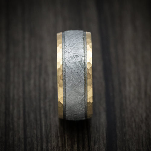 Griffin XI - 14K Gold and Gibeon Meteorite Men's Wedding Ring with Damascus Steel Sleeve and Cerakote Grooves - view 3 - Nura Lab