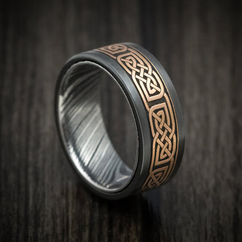 Dusk X - Black Zirconium and Woodgrain Kuro Damascus Steel 14K Gold Celtic Knot Pattern Inlay Men's Wedding Ring - Nura Lab