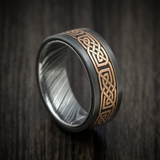 Dusk X - Black Zirconium and Woodgrain Kuro Damascus Steel 14K Gold Celtic Knot Pattern Inlay Men's Wedding Ring - Nura Lab