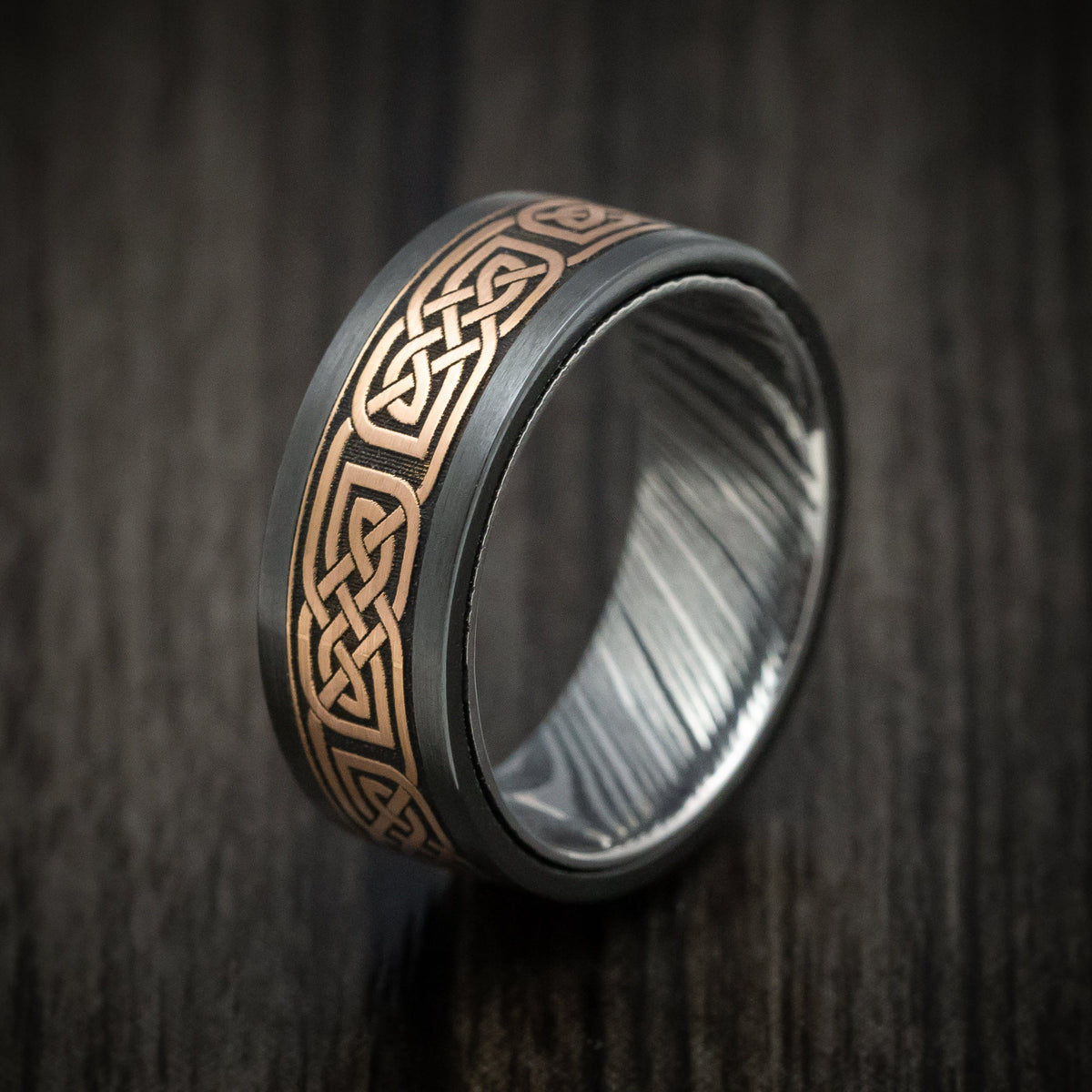Dusk X - Black Zirconium and Woodgrain Kuro Damascus Steel 14K Gold Celtic Knot Pattern Inlay Men's Wedding Ring - view 4 - Nura Lab