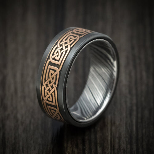 Dusk X - Black Zirconium and Woodgrain Kuro Damascus Steel 14K Gold Celtic Knot Pattern Inlay Men's Wedding Ring - view 4 - Nura Lab