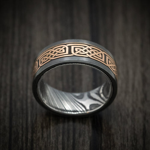 Dusk X - Black Zirconium and Woodgrain Kuro Damascus Steel 14K Gold Celtic Knot Pattern Inlay Men's Wedding Ring - view 2 - Nura Lab