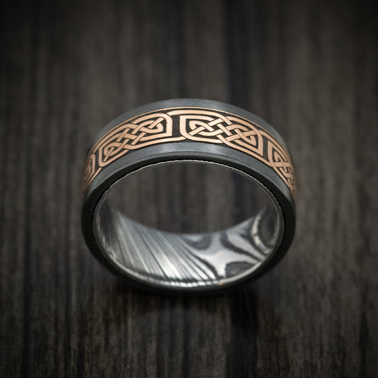 Dusk X - Black Zirconium and Woodgrain Kuro Damascus Steel 14K Gold Celtic Knot Pattern Inlay Men's Wedding Ring - view 2 - Nura Lab