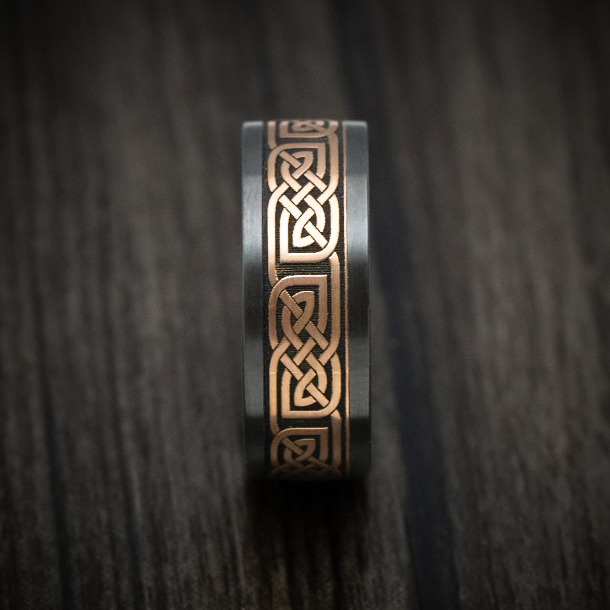 Dusk X - Black Zirconium and Woodgrain Kuro Damascus Steel 14K Gold Celtic Knot Pattern Inlay Men's Wedding Ring - view 3 - Nura Lab