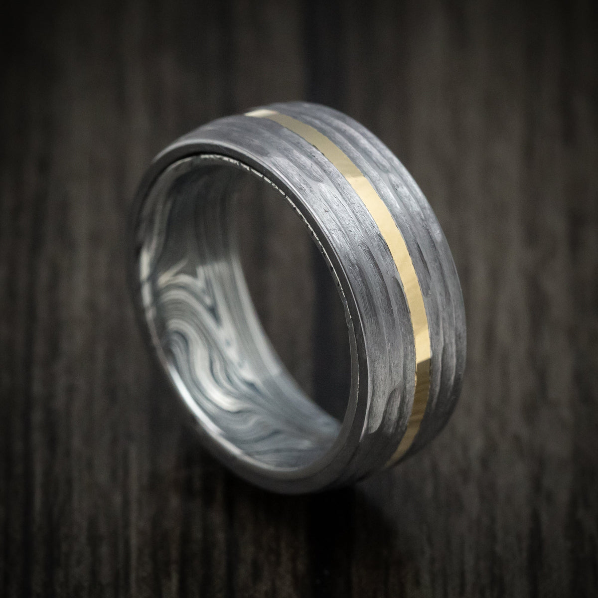 Frontier XII - Tantalum and 14K Gold Men's Wedding Ring with Marble Kuro Damascus Steel Sleeve Custom Band - Nura Lab