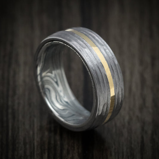 Frontier XII - Tantalum and 14K Gold Men's Wedding Ring with Marble Kuro Damascus Steel Sleeve Custom Band - Nura Lab