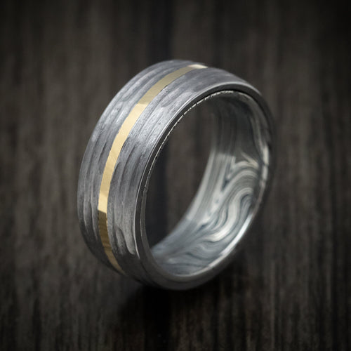 Frontier XII - Tantalum and 14K Gold Men's Wedding Ring with Marble Kuro Damascus Steel Sleeve Custom Band - view 4 - Nura Lab