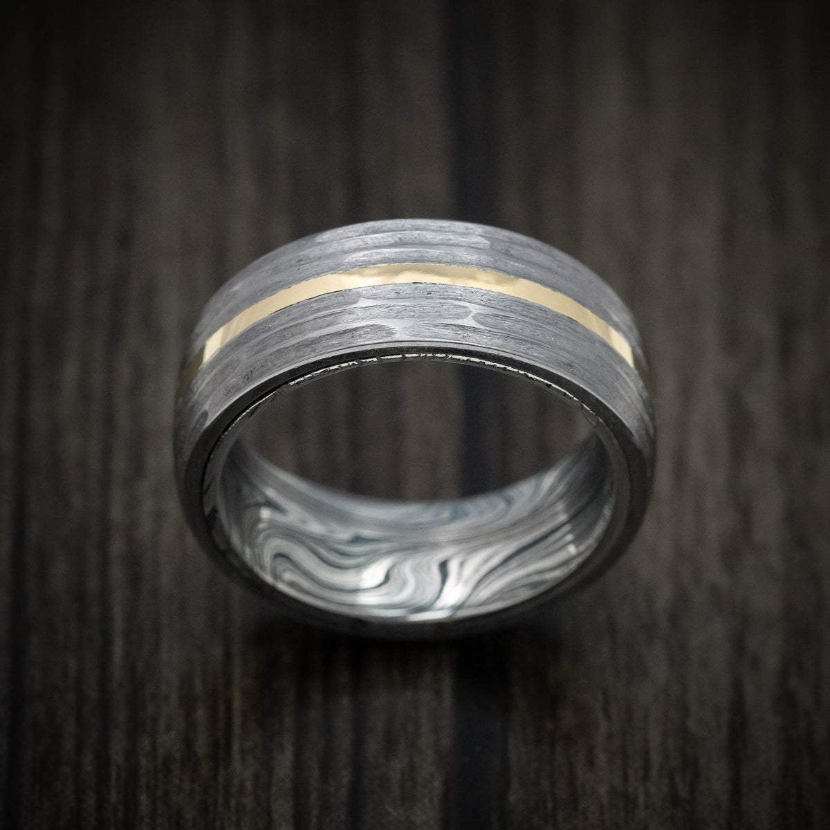 Frontier XII - Tantalum and 14K Gold Men's Wedding Ring with Marble Kuro Damascus Steel Sleeve Custom Band - view 2 - Nura Lab
