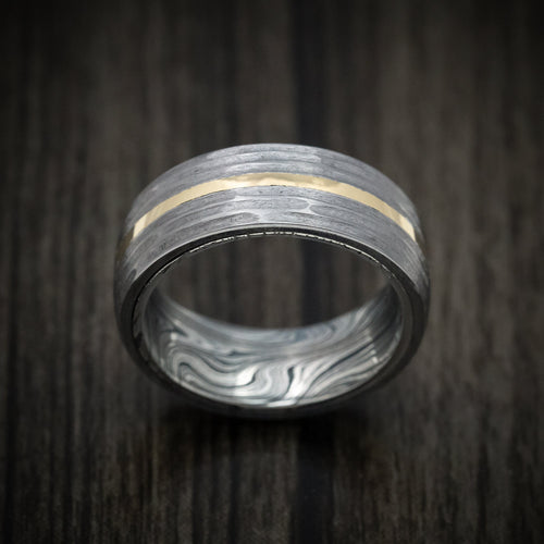 Frontier XII - Tantalum and 14K Gold Men's Wedding Ring with Marble Kuro Damascus Steel Sleeve Custom Band - view 2 - Nura Lab
