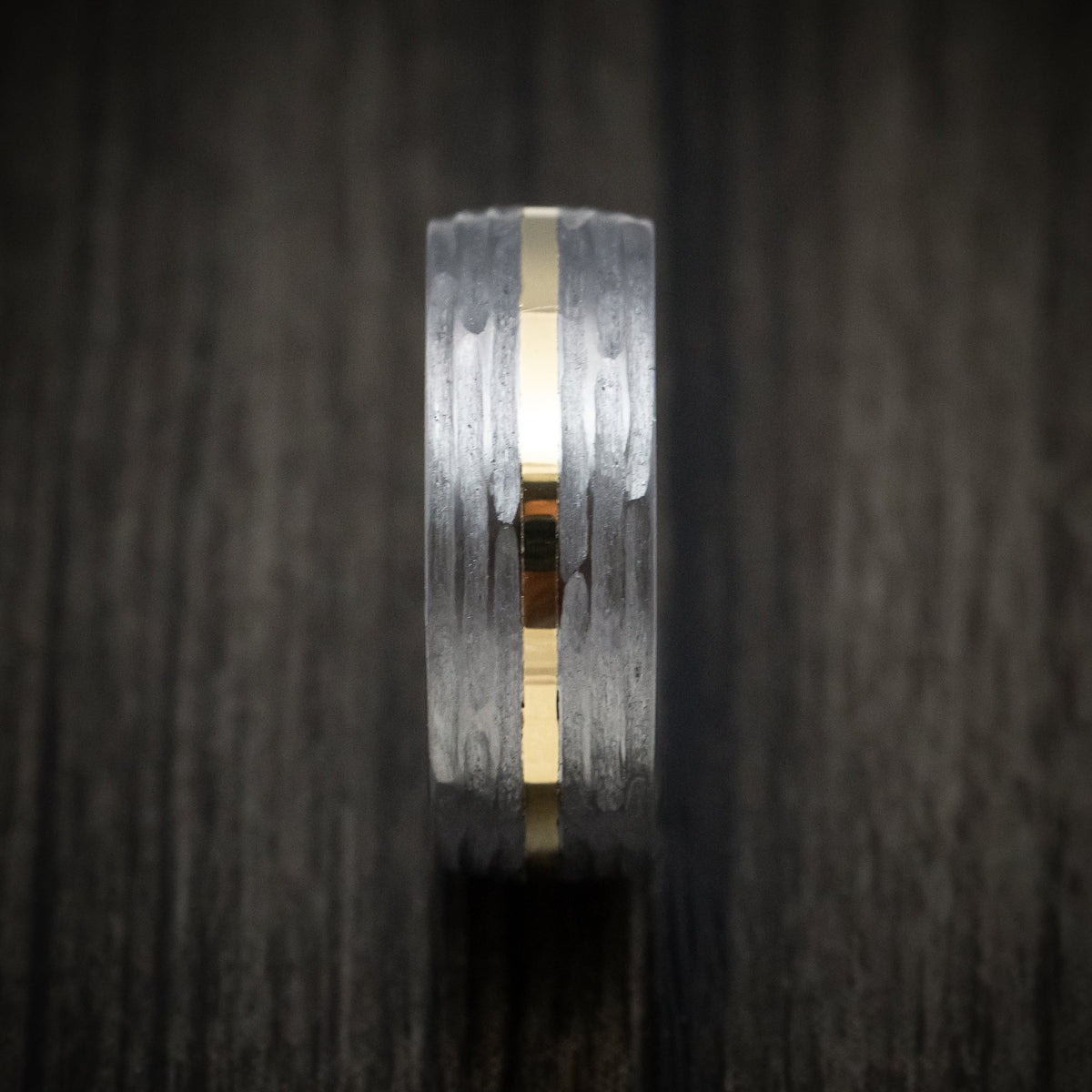 Frontier XII - Tantalum and 14K Gold Men's Wedding Ring with Marble Kuro Damascus Steel Sleeve Custom Band - view 3 - Nura Lab