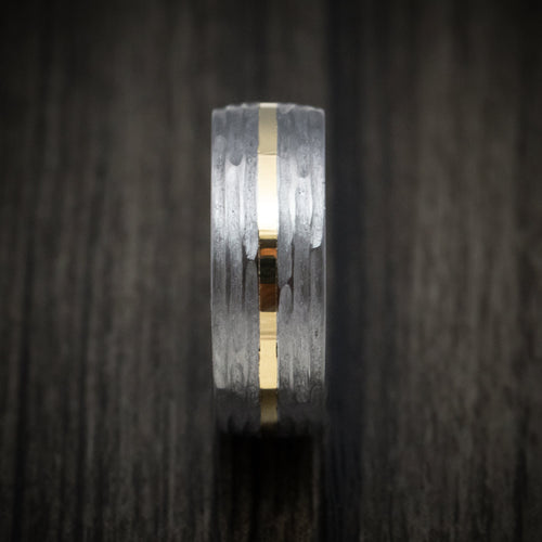 Frontier XII - Tantalum and 14K Gold Men's Wedding Ring with Marble Kuro Damascus Steel Sleeve Custom Band - view 3 - Nura Lab