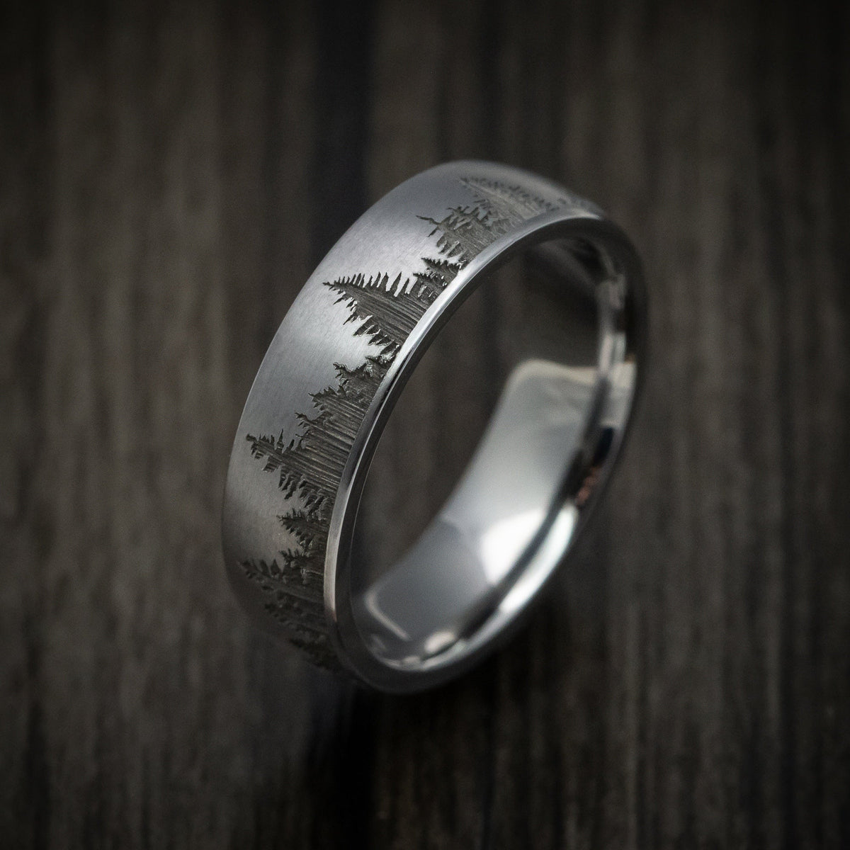 Wolf XIII - Tantalum Men's Wedding Ring with Spruce Forest Tree Design Pattern - view 3 - Nura Lab