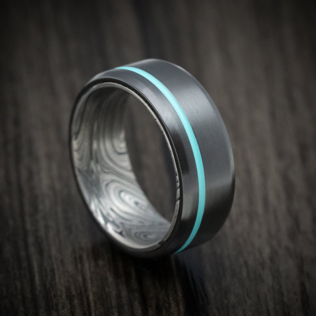 Phoenix XI - Black Zirconium and Marble Kuro Damascus Men's Wedding Ring with Cerakote Inlay - Nura Lab
