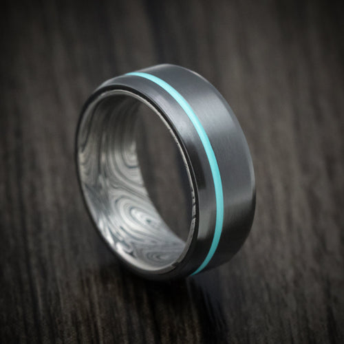 Phoenix XI - Black Zirconium and Marble Kuro Damascus Men's Wedding Ring with Cerakote Inlay - Nura Lab