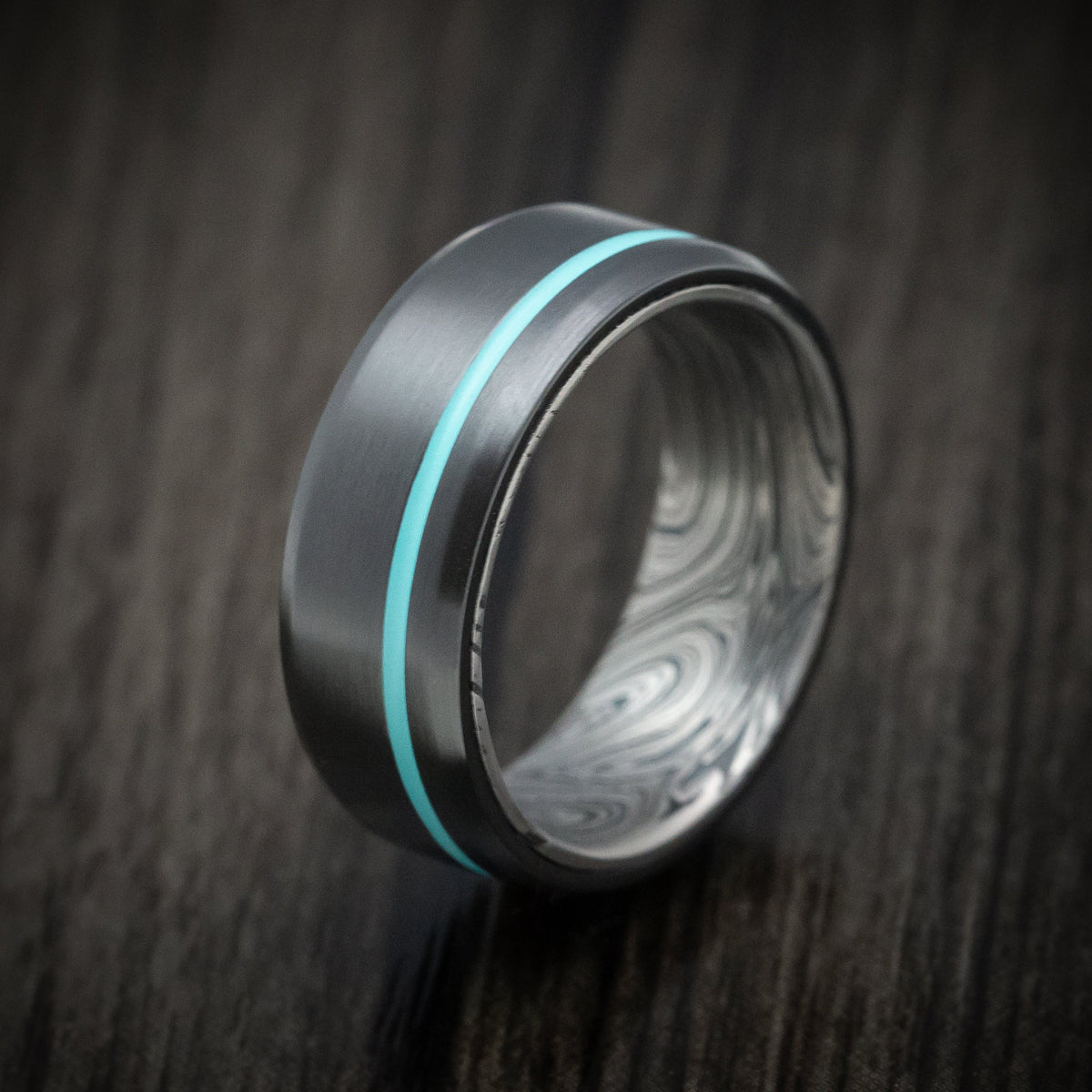 Phoenix XI - Black Zirconium and Marble Kuro Damascus Men's Wedding Ring with Cerakote Inlay - view 4 - Nura Lab