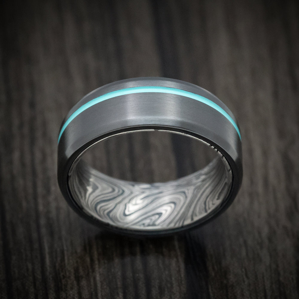 Phoenix XI - Black Zirconium and Marble Kuro Damascus Men's Wedding Ring with Cerakote Inlay - view 2 - Nura Lab