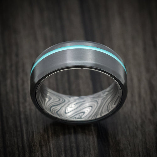 Phoenix XI - Black Zirconium and Marble Kuro Damascus Men's Wedding Ring with Cerakote Inlay - view 2 - Nura Lab