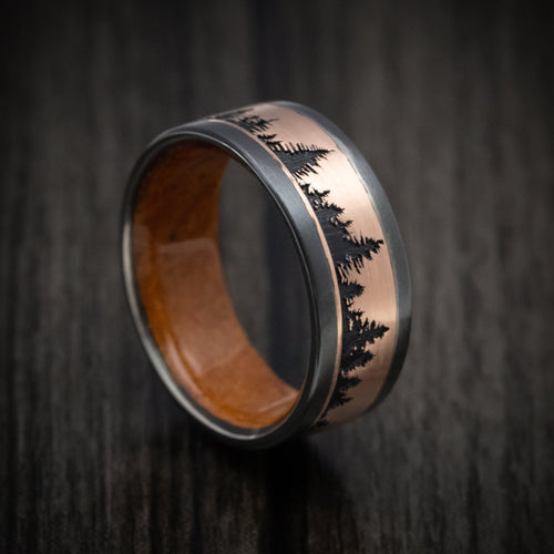 Coal XII - Black Zirconium and Gold Spruce Pine Tree Design Men's Wedding Ring with Wood Sleeve - Nura Lab