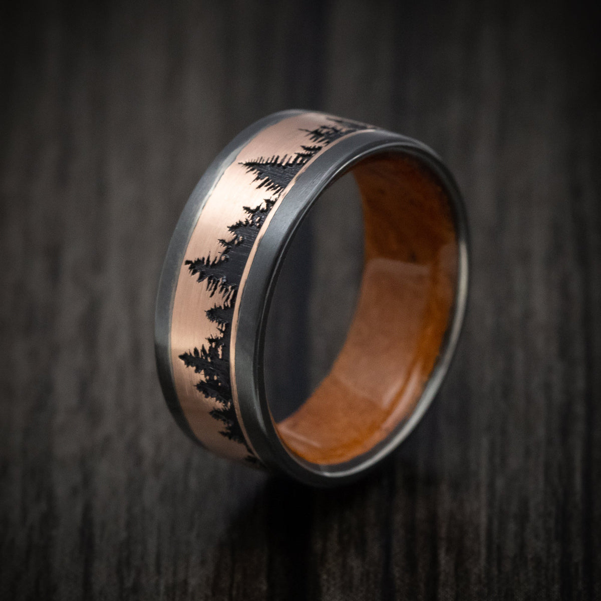 Coal XII - Black Zirconium and Gold Spruce Pine Tree Design Men's Wedding Ring with Wood Sleeve - view 4 - Nura Lab