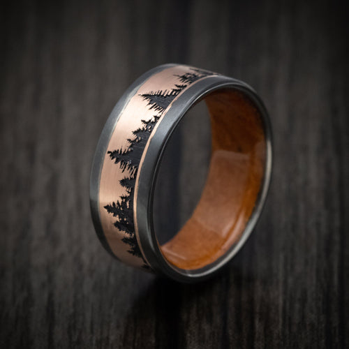 Coal XII - Black Zirconium and Gold Spruce Pine Tree Design Men's Wedding Ring with Wood Sleeve - view 4 - Nura Lab
