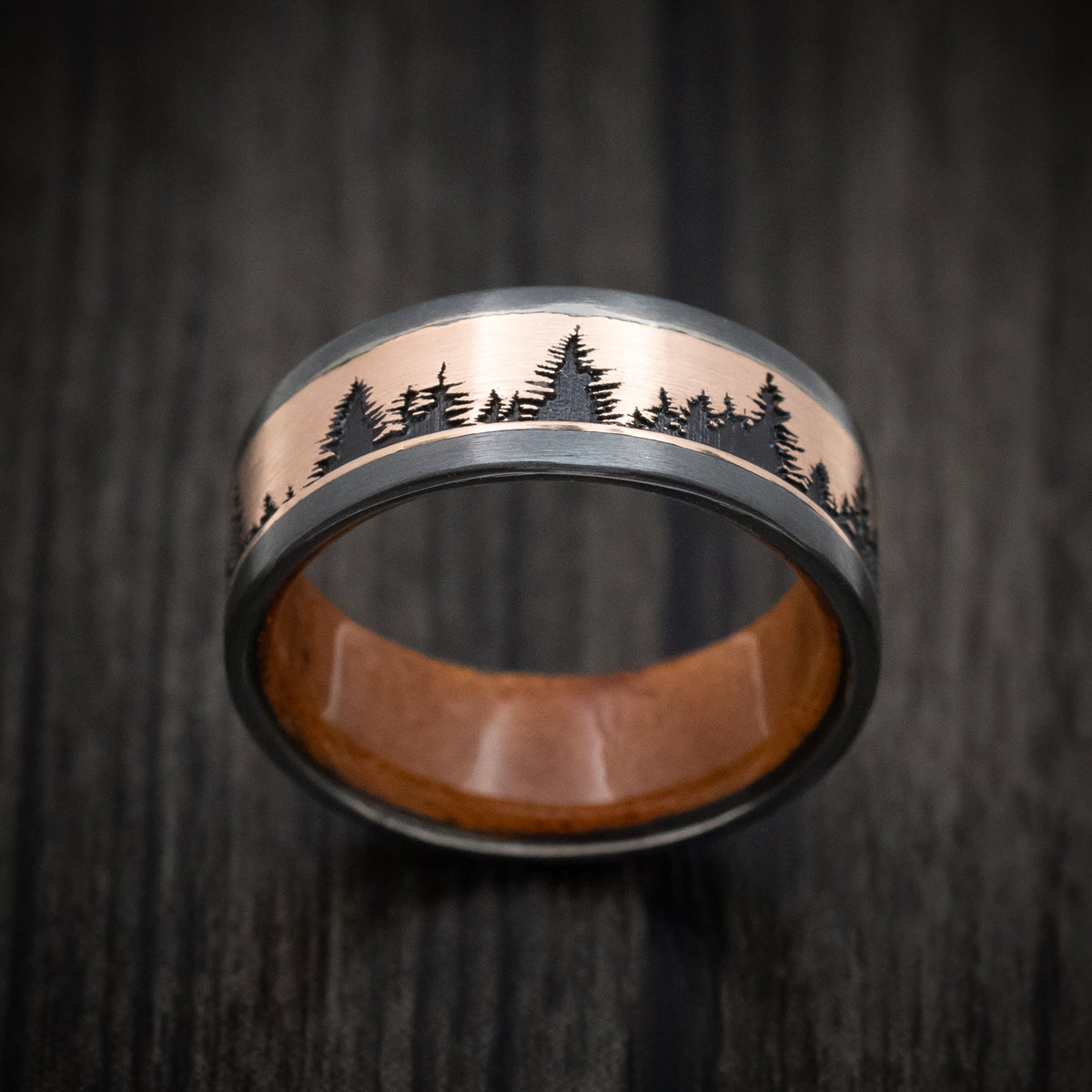 Coal XII - Black Zirconium and Gold Spruce Pine Tree Design Men's Wedding Ring with Wood Sleeve - view 2 - Nura Lab