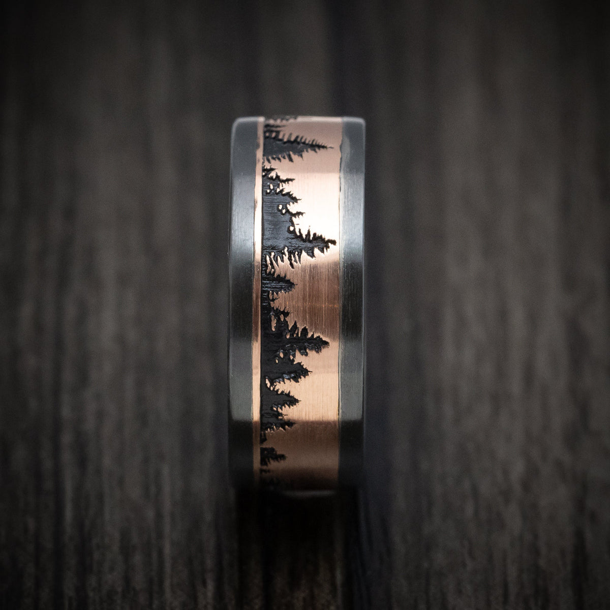 Coal XII - Black Zirconium and Gold Spruce Pine Tree Design Men's Wedding Ring with Wood Sleeve - view 3 - Nura Lab