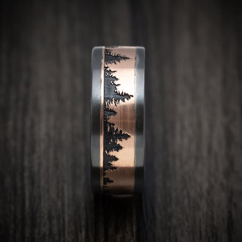 Coal XII - Black Zirconium and Gold Spruce Pine Tree Design Men's Wedding Ring with Wood Sleeve - view 3 - Nura Lab
