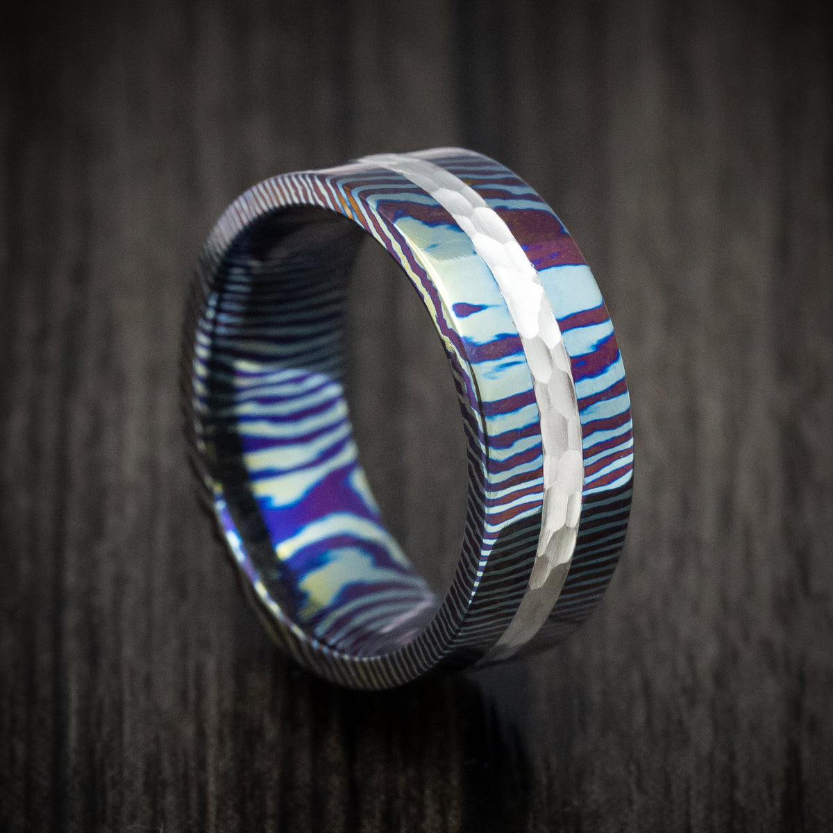 Dominion VI - Kuro-Ti Heat-Treated Titanium Damascus and Silver Men's Wedding Ring Band - Nura Lab