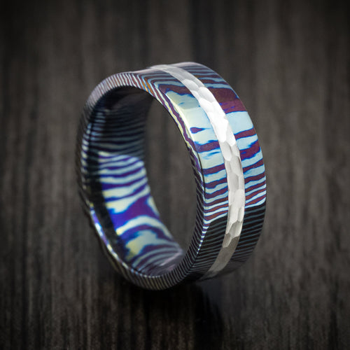 Dominion VI - Kuro-Ti Heat-Treated Titanium Damascus and Silver Men's Wedding Ring Band - Nura Lab