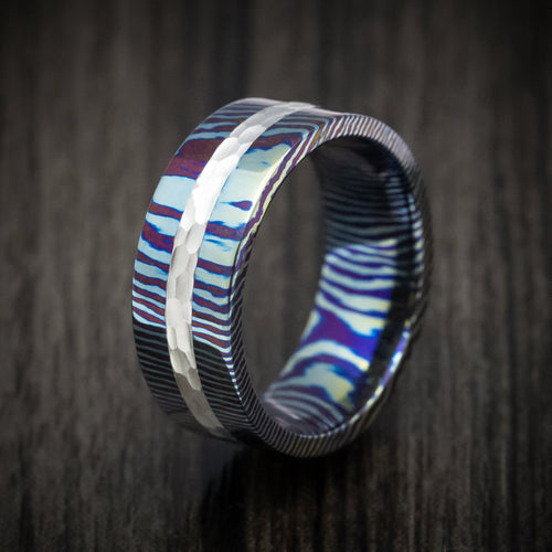 Dominion VI - Kuro-Ti Heat-Treated Titanium Damascus and Silver Men's Wedding Ring Band - view 4 - Nura Lab