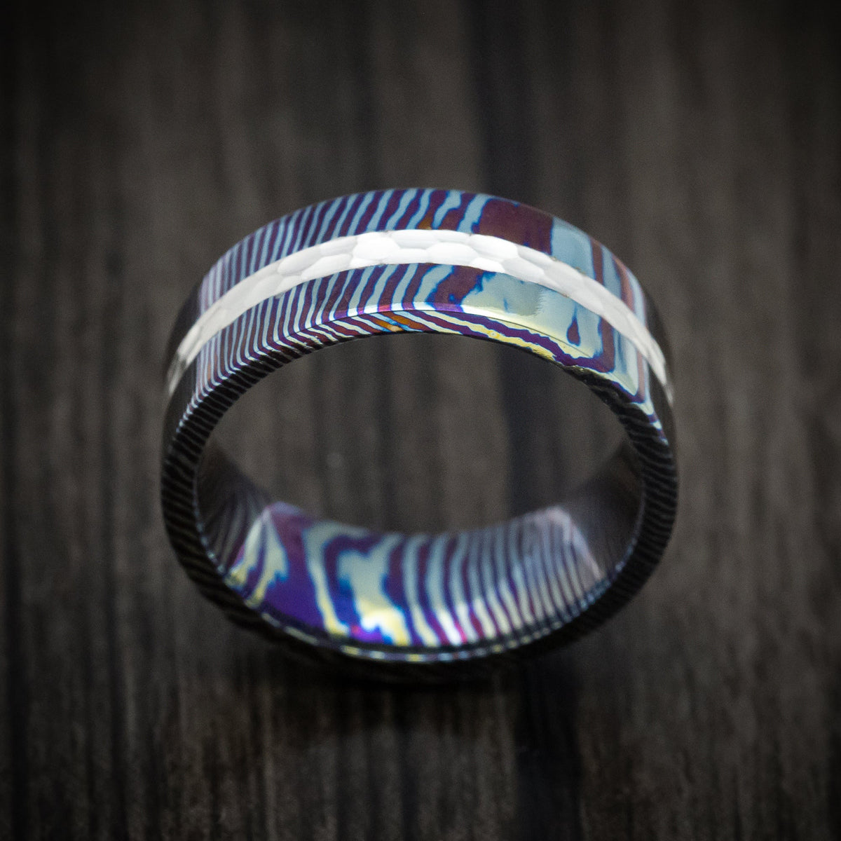 Dominion VI - Kuro-Ti Heat-Treated Titanium Damascus and Silver Men's Wedding Ring Band - view 2 - Nura Lab